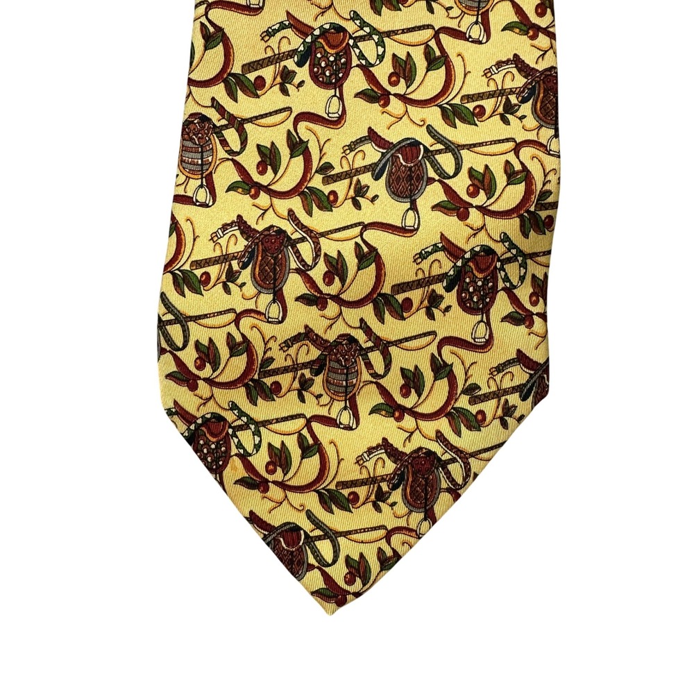 Salvatore Ferragamo Mens Silk Tie Yellow Equestrian Saddle Print Made in Italy